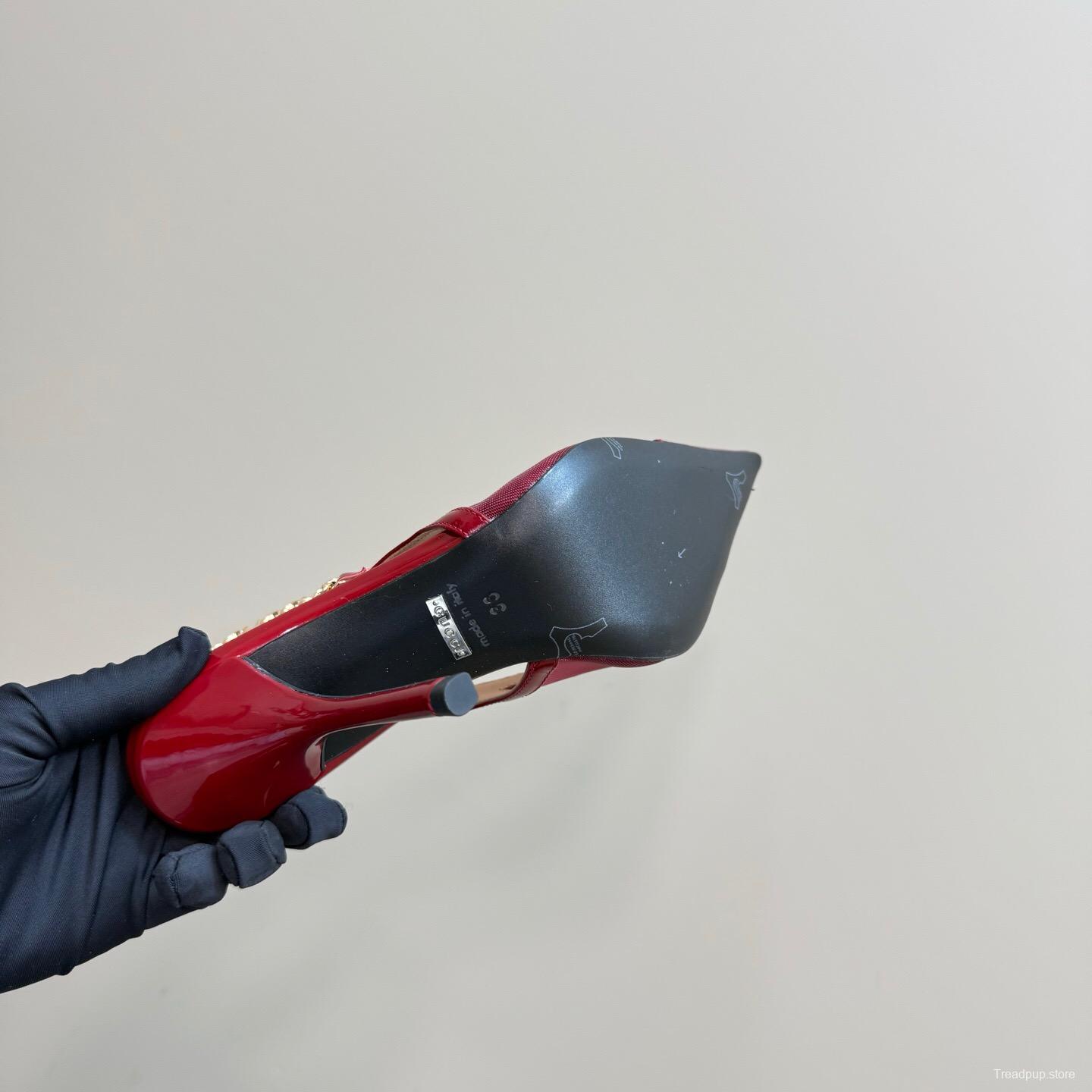 2025 Women Gucci Red Patent Leather Pointed Toe Slingback High Heel Pumps With Chain Detail KFY00300(F)