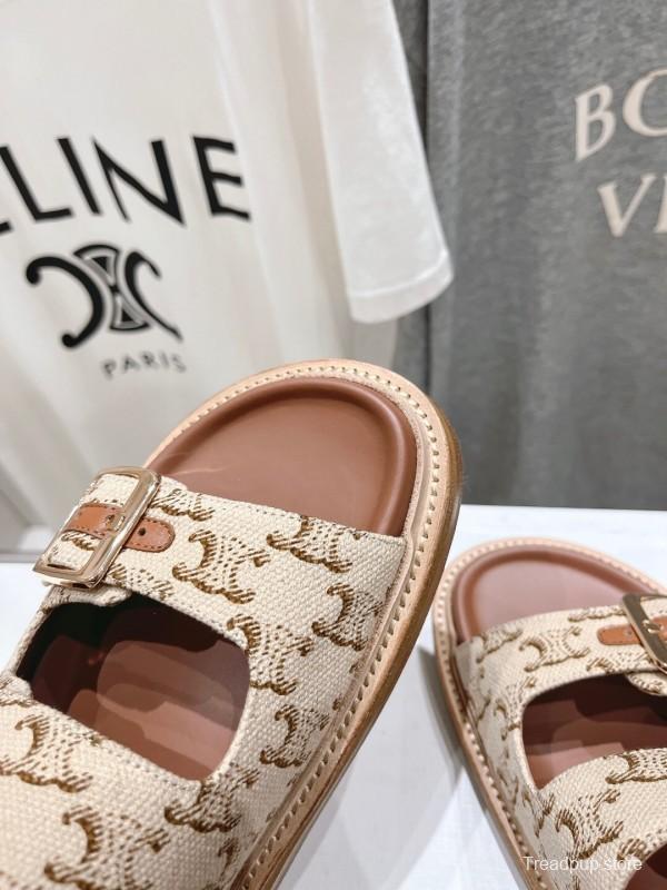 2025 Women Celine Beige Canvas Vintage Style Double Buckle Sandals Handcrafted Unisex LY00360(F)