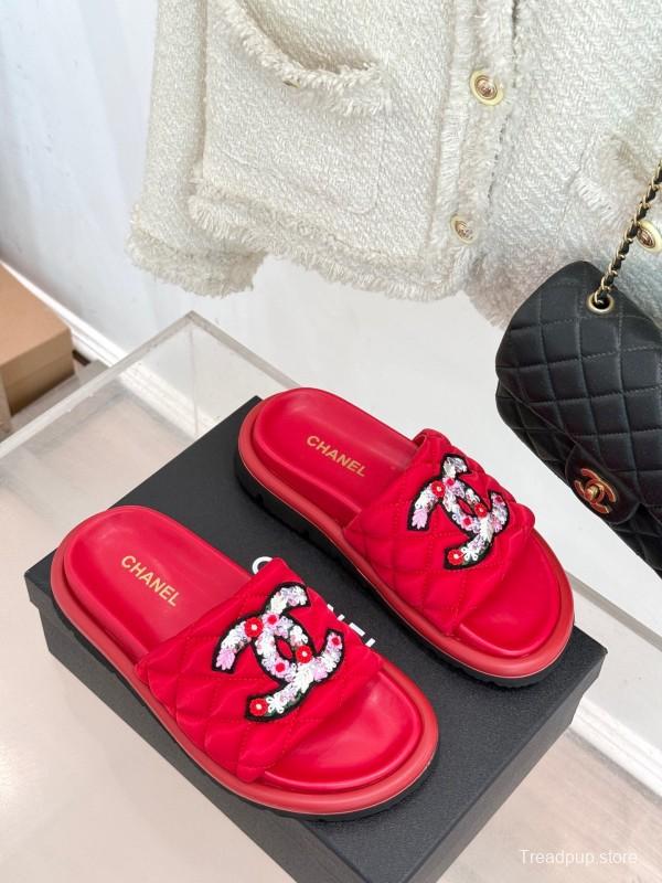 2025 Slippers Chanel Red Quilted Sequins Slide KFY00261
