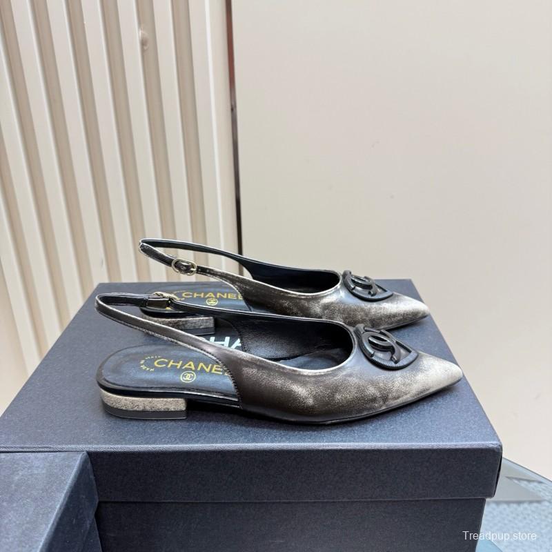 2025 Women Chanel Black Silver Satin Sandals KFY00290