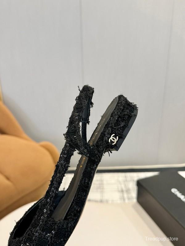 2025 Women Chanel Black Leather Tweed Ballet Flats LY00240