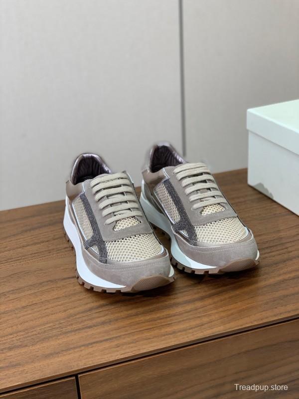 2025 Women Brunello Cucinelli Beige Brown Mesh Leather Sneakers