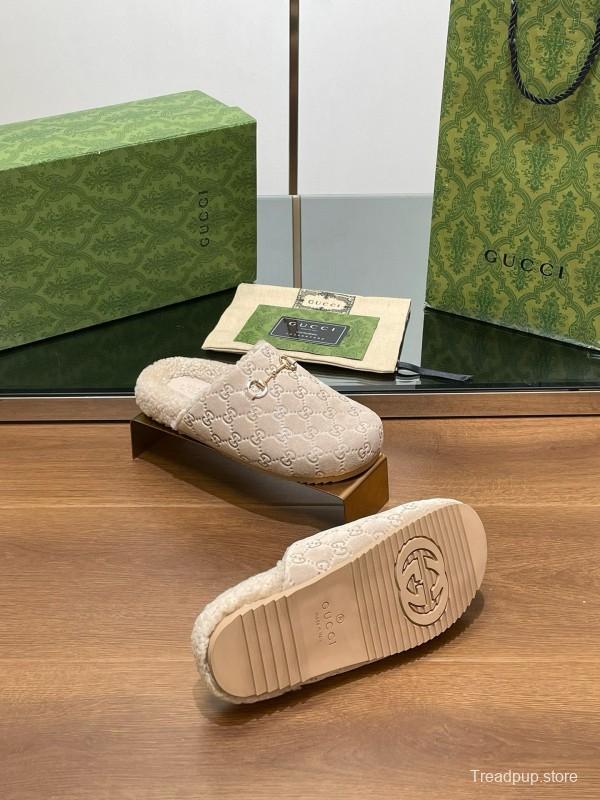 2024 Slippers Gucci Beige Shearling GG Embroidery
