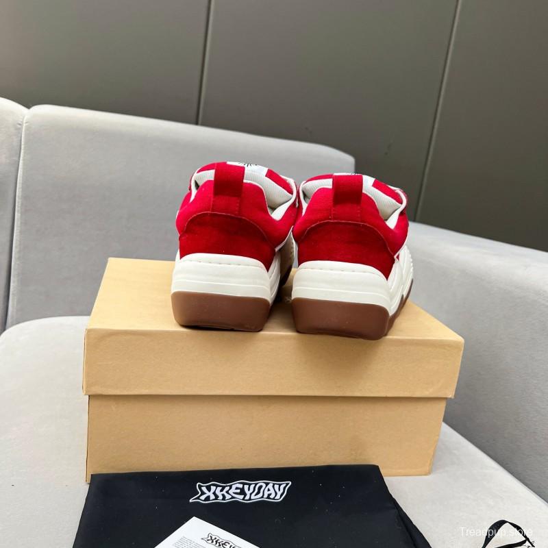2025 Women HEYDAY Red White Canvas Leather Wave Sneakers