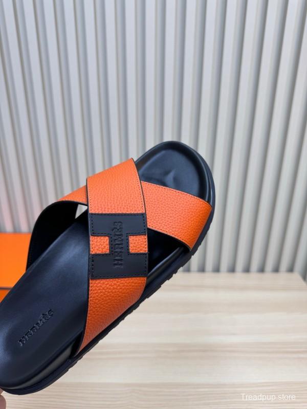 2025 Slippers Hermès Orange Black Leather Slippers