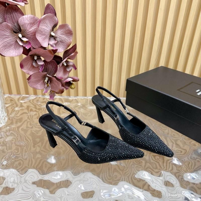 2024 Women Yves Saint Laurent Black Silk Slingback Heels MJ00320