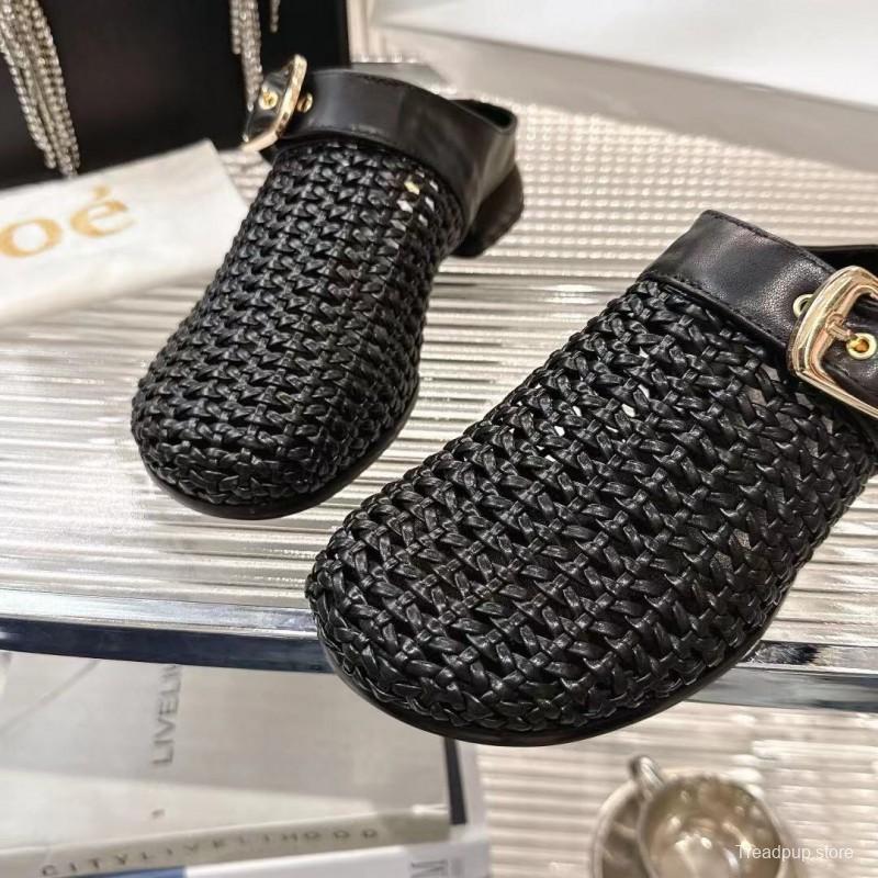 2025 Women Chloé Black Leather Woven Slippers
