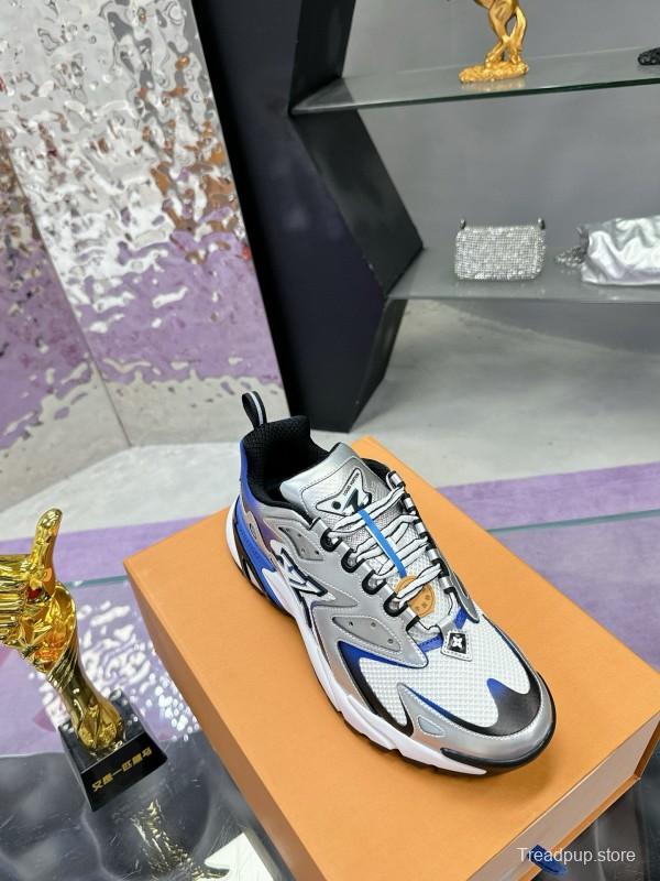 2025 Men Louis Vuitton White Blue Leather Mesh Sneakers MJ00420