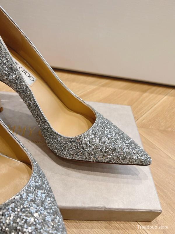 2025 Women Jimmy Choo Silver Glitter Leather Pointed Toe Pumps