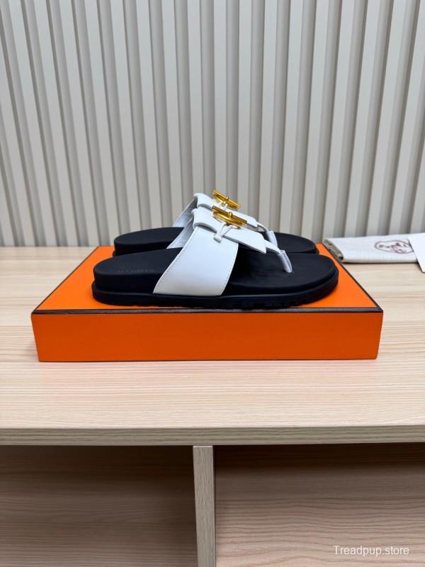 2025 Slippers Hermès White Black Leather Slippers