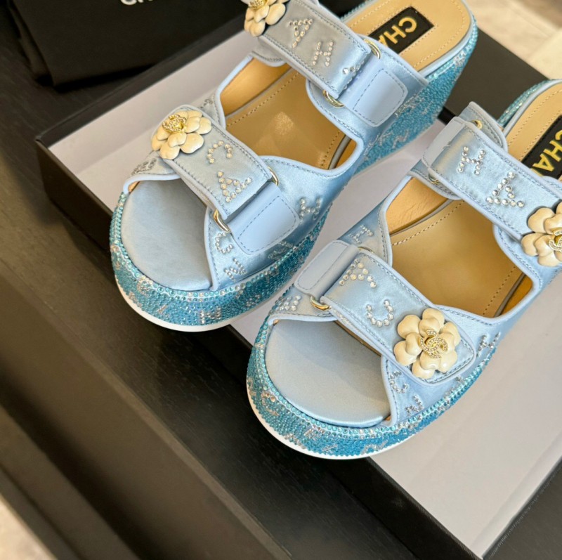 2025 Women Chanel Blue Denim Leather Platform Slippers LY00330