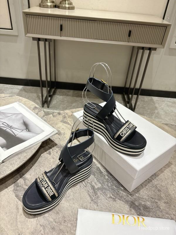 2025 Women Dior Black Leather Sandals Christian Dior Logo KFY00280