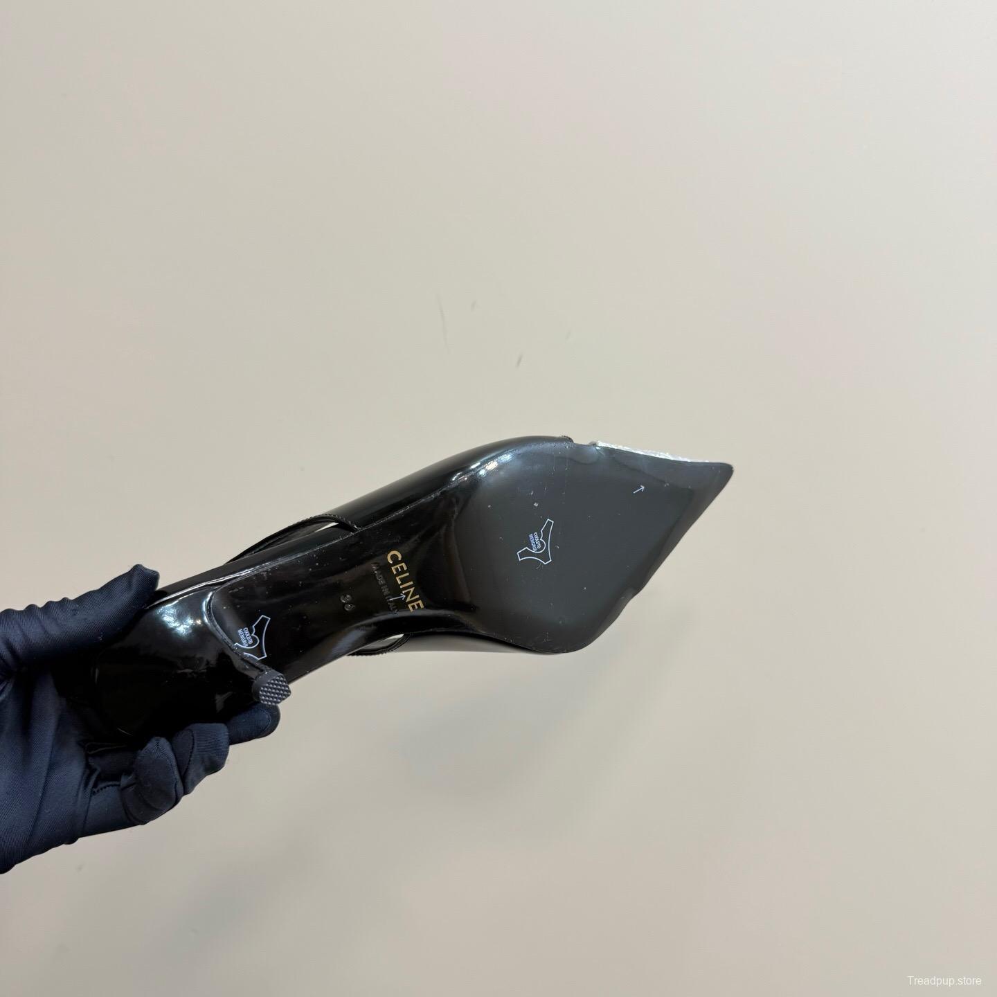 2025 Women CELINE Black White Leather Slingback Heels KFY00310