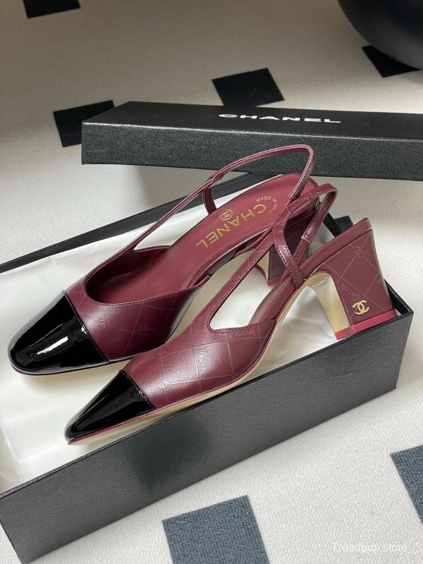 2025 Women Chanel Burgundy Black Leather Sling-back Chunky Heel