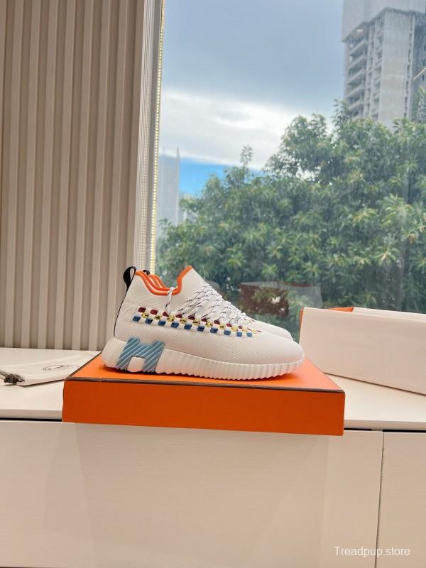 2024 Unisex Hermès White Blue Yellow Orange Calfskin Suede Sneakers MJ00290