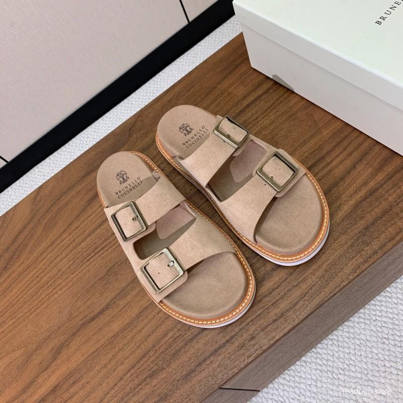 2025 Unisex Brunello Cucinelli Beige Suede Leather Slippers KFY00250