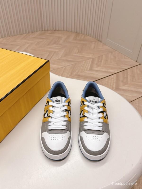2025 Unisex Fendi White Yellow Grey Leather Sneakers FD Match LY00360(F)/LY00370(M)