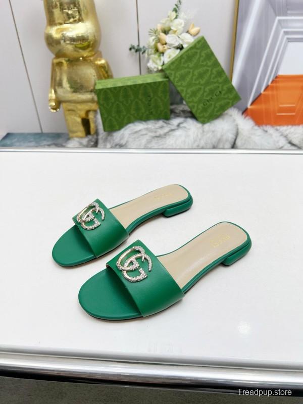 2025 Women Gucci Green Leather Flat Heel Slippers Double G Buckle MJ00190
