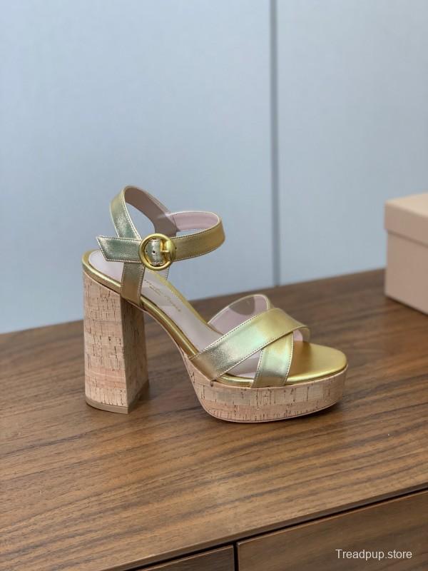2025 Women Gianvito Rossi Gold Leather Platform Sandals KFY00320