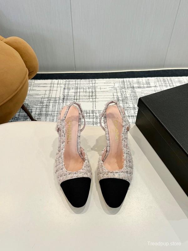 2025 Women Chanel Black White Tweed Leather Slingback Block Heel LY00270