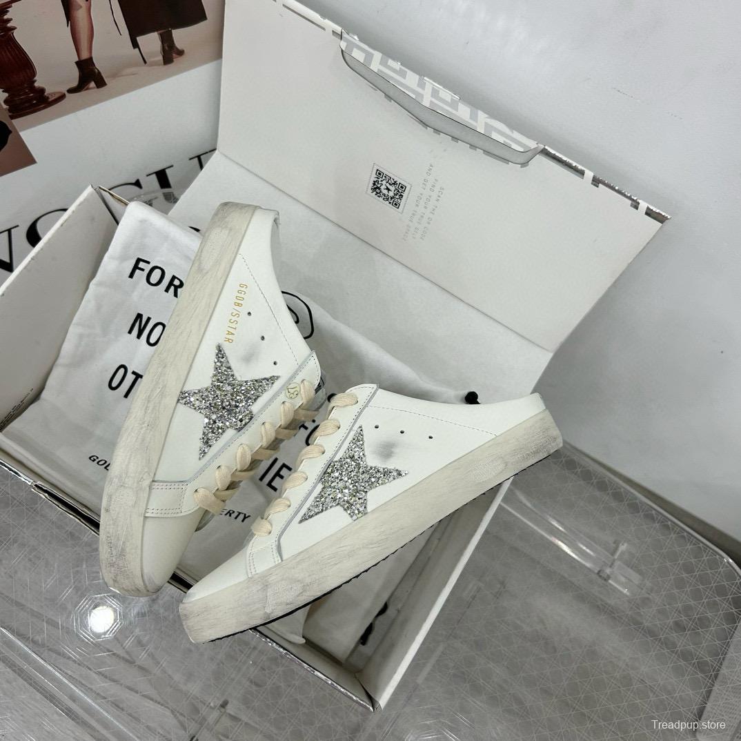 2025 Women GGDB White Silver Leather Suede Star Mules