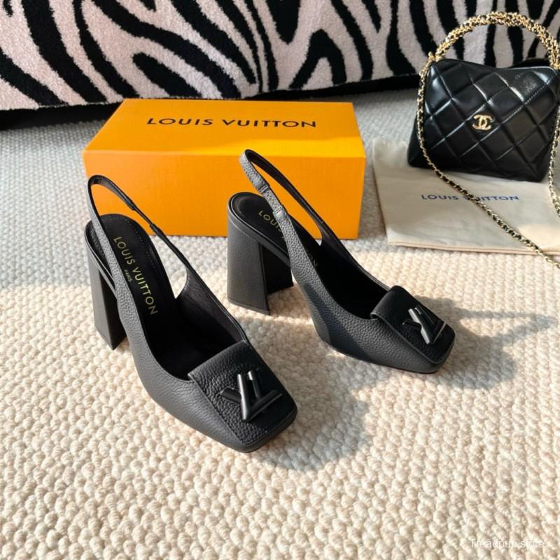 2024 Women Louis Vuitton Black Leather Slingback Heels