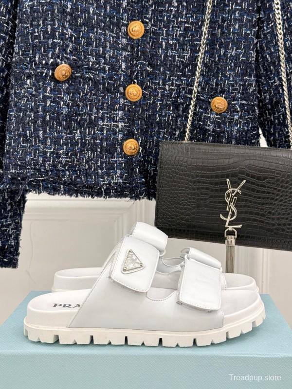 2025 Women Prada White Leather Slippers KFY00240