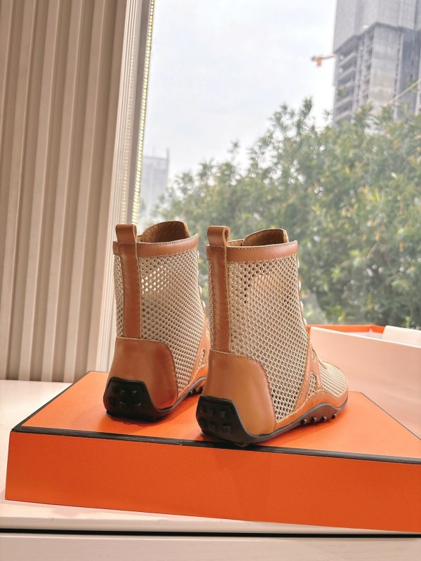 2025 Women Hermès Beige Brown Leather Mesh Boots