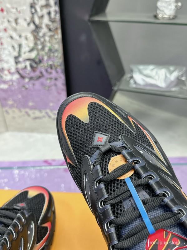 2025 Men Louis Vuitton Black Yellow Orange Mesh Leather Sneakers MJ00420