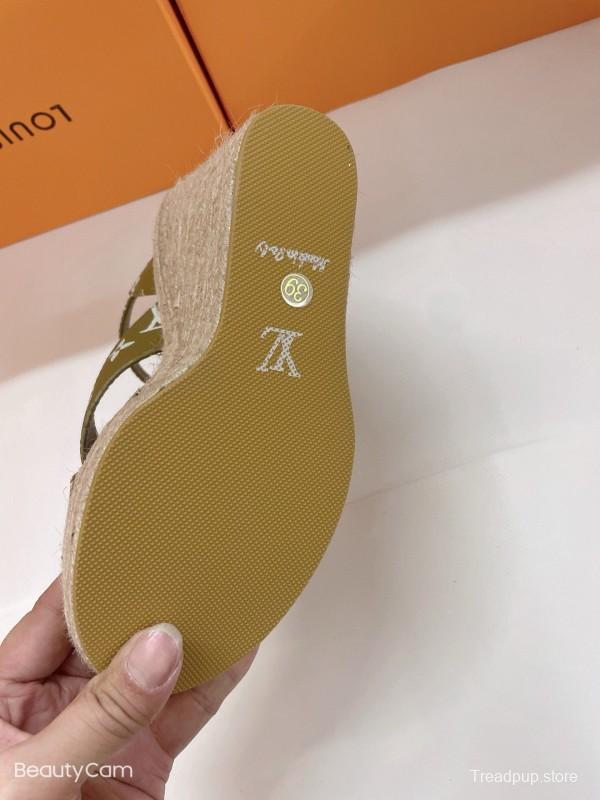 2025 Women Louis Vuitton Brown Beige Canvas Leather Wedge Sandals MJ00280