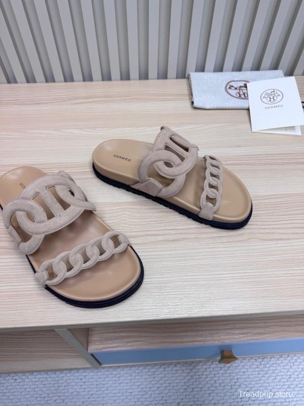 2025 Women Hermès Beige Suede Slippers