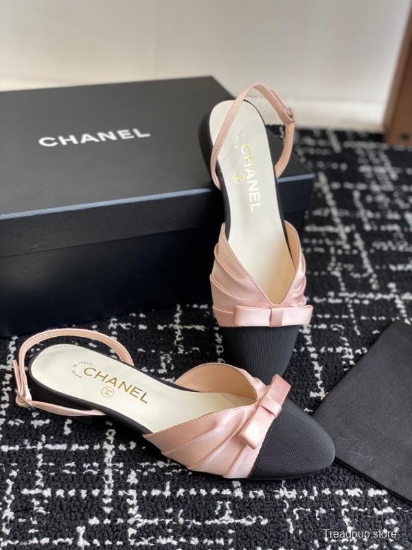 2025 Women Chanel Pink Black Silk Leather Sandals Satin Bow KFY00289