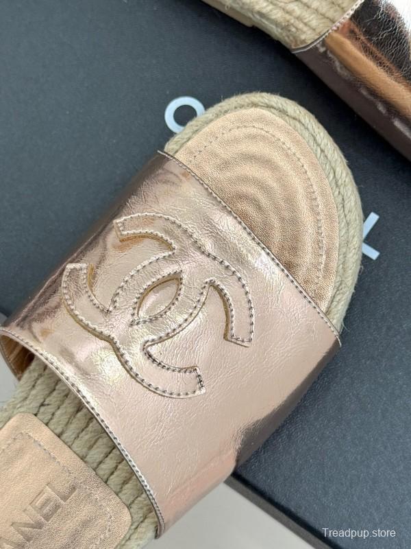 2025 Slippers Chanel Rose Gold Leather Women Espadrille Handmade KFY00230