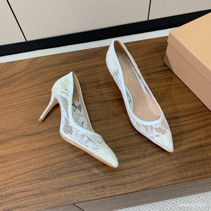 2025 Women Gianvito Rossi White Lace Leather Pumps KFY00280