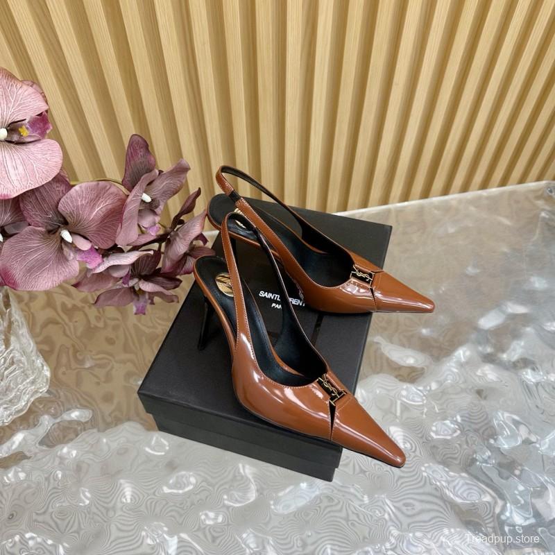 2025 Women Yves Saint Laurent Brown Patent Leather Slingback Heels