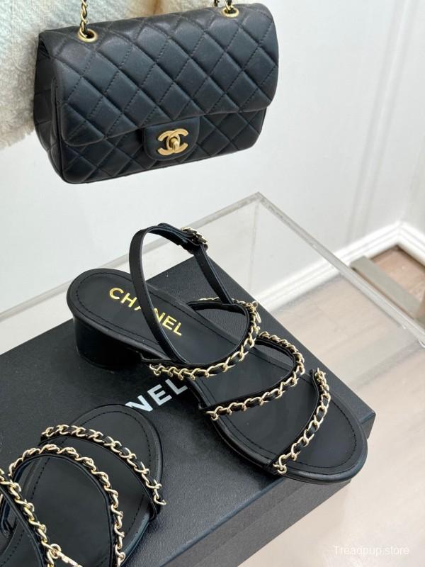 2025 Women Chanel Black Leather Sandals Chain KFY00270