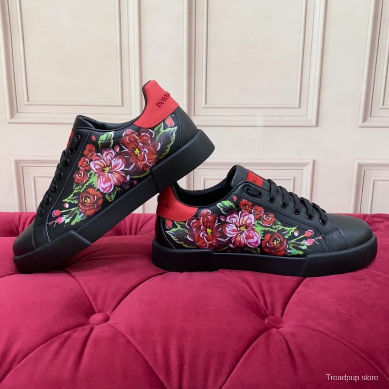 2025 Women Dolce & Gabbana Black Red Leather Sneakers Floral LY00300