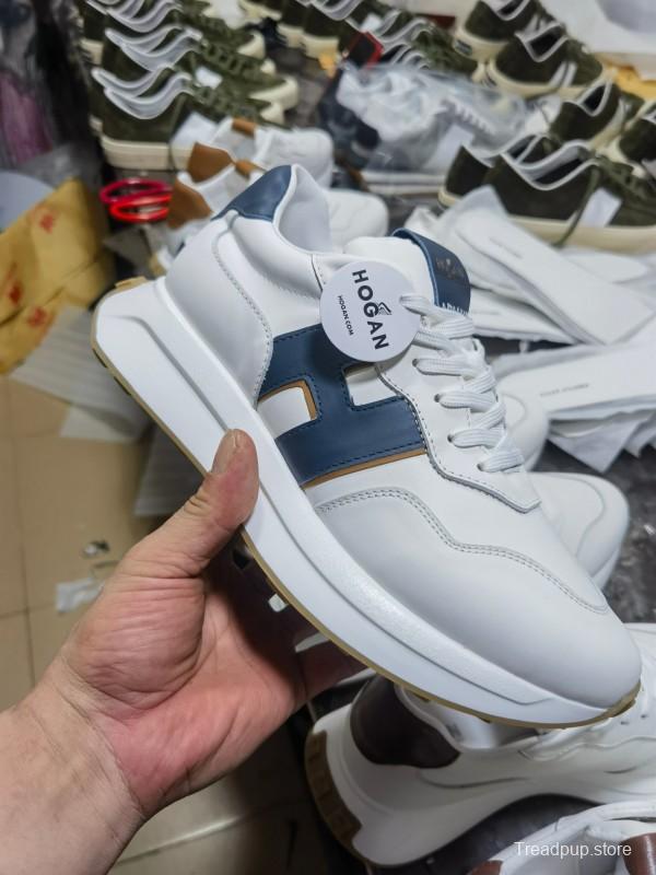 2025 Unisex HOGAN White Blue Brown Leather Sneakers H-STRIPES LY00360(F)/LY00370(M)