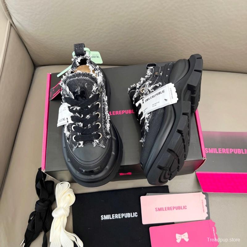 2025 Women SmileRepublic Black Tweed Leather Canvas Chunky Sneakers LY00291