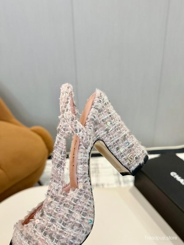 2025 Women Chanel Black White Tweed Leather Slingback Block Heel LY00270