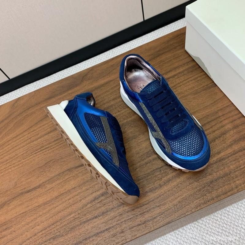 2025 Men Brunello Cucinelli Blue Navy Suede Mesh Casual Sneakers KFY00310