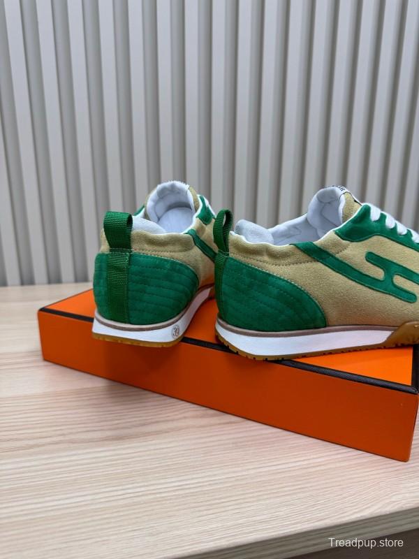 2025 Unisex Hermès Green Beige Suede Down Fabric Sneakers Top Version LY00310