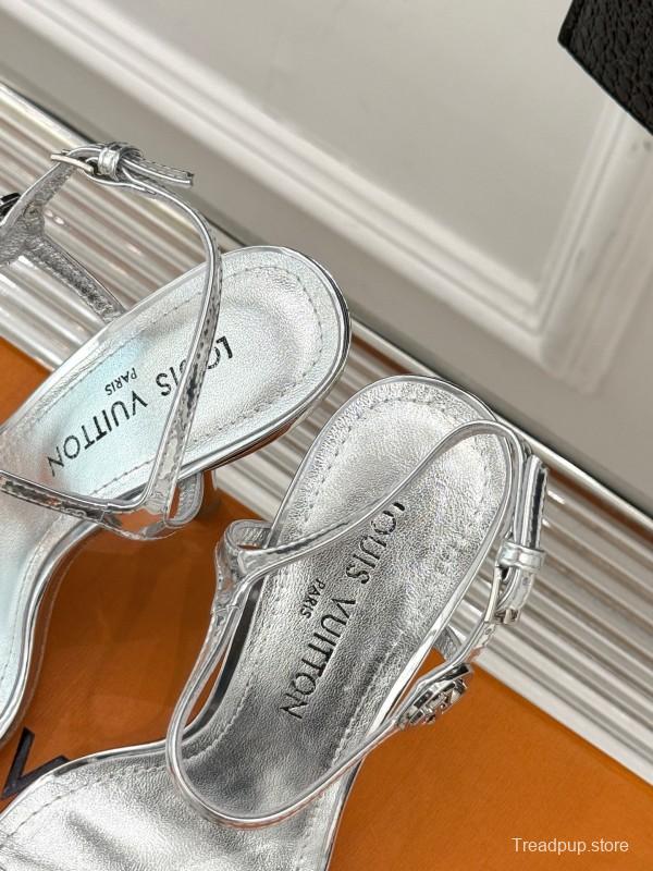 2025 Women Louis Vuitton Silver Calfskin Leather Strappy High Heel Sandals KFY00280
