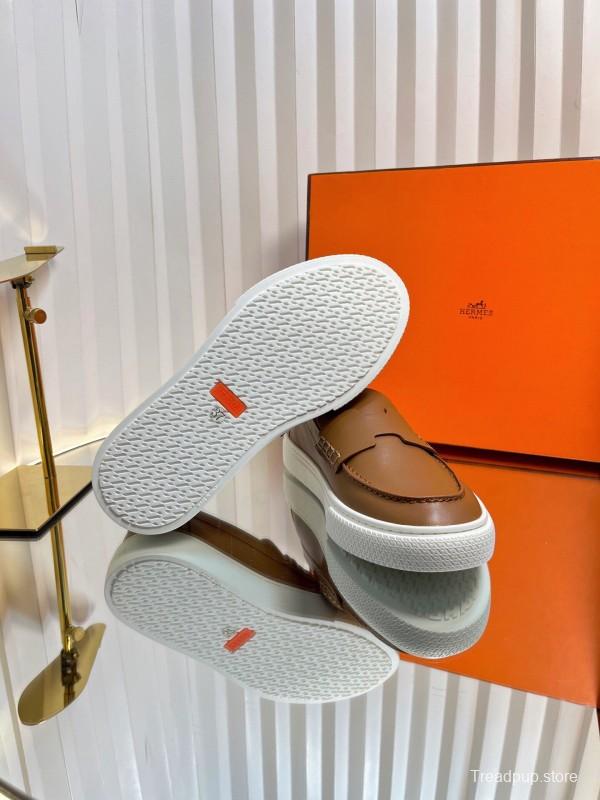 2025 Unisex Hermès Brown Leather Fabric Loafers Slip-On LY00310(F)/LY00320(M)