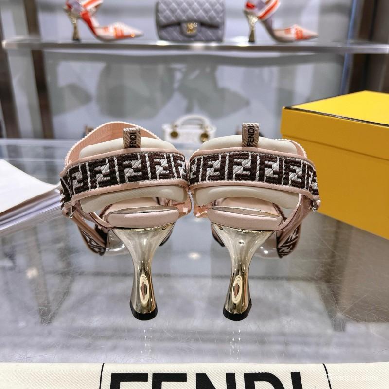 2025 Women Fendi Beige Brown Fabric Leather High Heels MJ00280