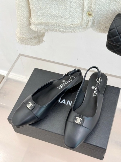 2025 Women Chanel Black Leather Slingback Flats