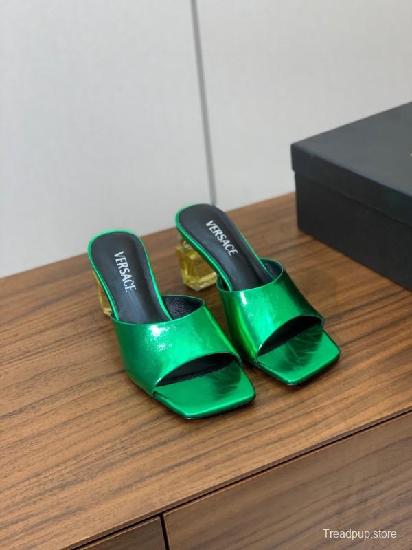 2025 Women VERSACE Green Leather Slippers