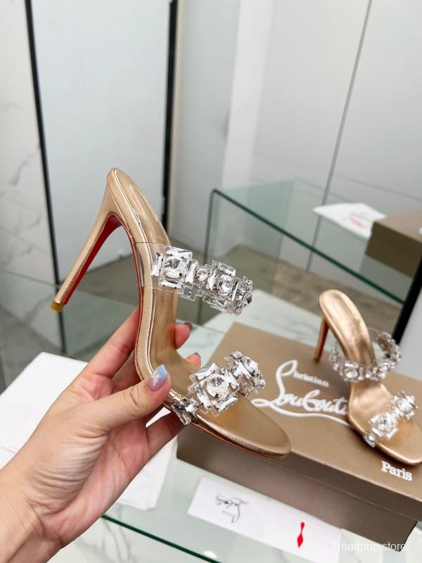 2025 Women Christian Louboutin Gold Leather High Heel Sandals LY00300