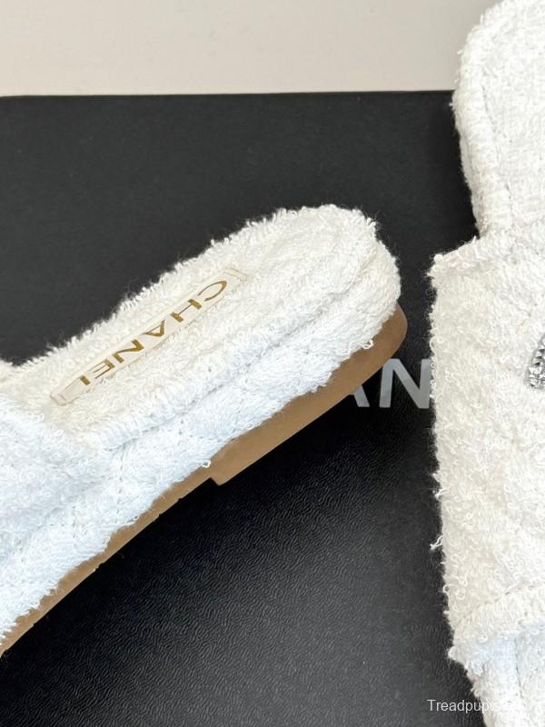 2025 Slippers Chanel White Terry Cloth Crystal CC Logo KFY00220