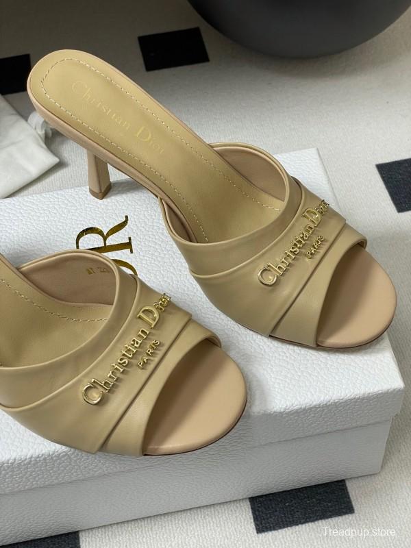 2025 Women Dior Beige Leather Heeled Slippers Christian Dior Logo